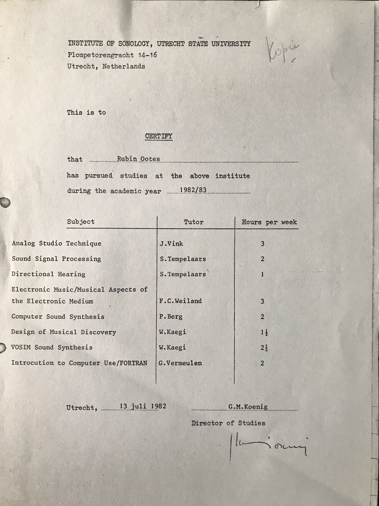 Sonologie diploma 1982/83 — Institute of Sonology, Utrecht