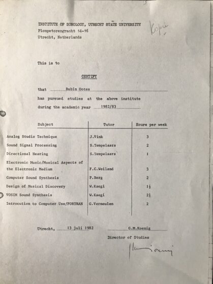 Sonologie diploma 1982/83 — Institute of Sonology, Utrecht